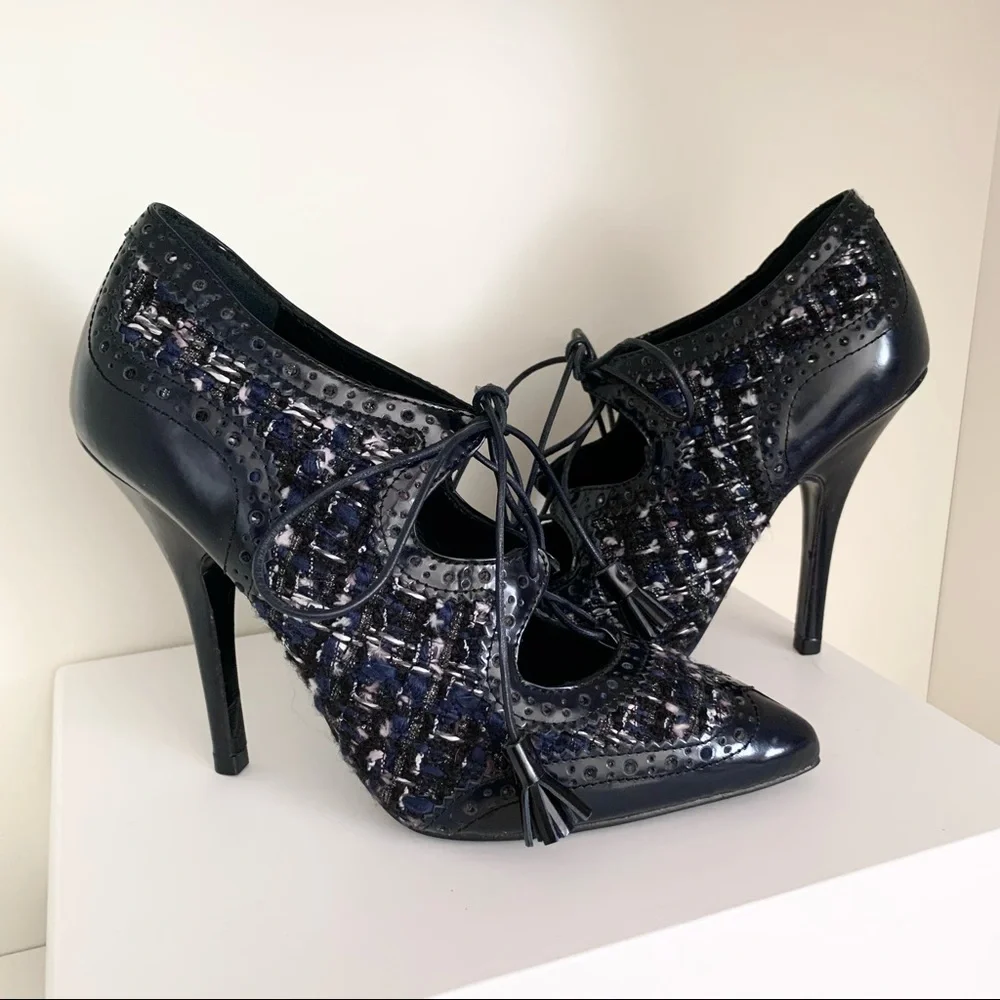 Tory Burch tweed tassel lace up oxford heels